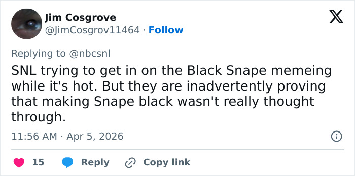Tweet discussing SNL&rsquo;s Black Snape skit and its critique of HBO Harry Potter reboot casting decisions.