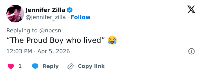 Tweet from Jennifer Zilla replying to NBC SNL with a humorous comment referencing SNL Black Snape skit on HBO Harry Potter reboot.