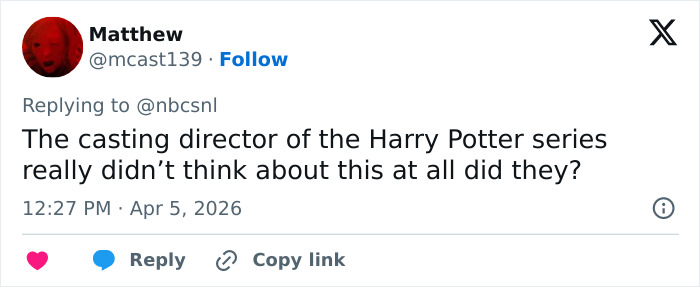 Tweet questioning the Harry Potter series casting director&rsquo;s choices amid discussions on HBO reboot and Black Snape skit.