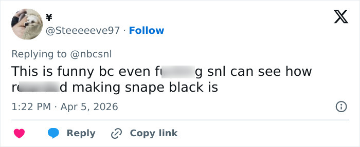 Tweet discussing SNL&rsquo;s Black Snape skit criticizing HBO Harry Potter reboot casting decisions.