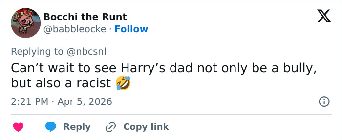 Tweet from Bocchi the Runt joking about Harry&rsquo;s dad being a bully and racist in SNL&rsquo;s Black Snape skit on HBO Harry Potter reboot.