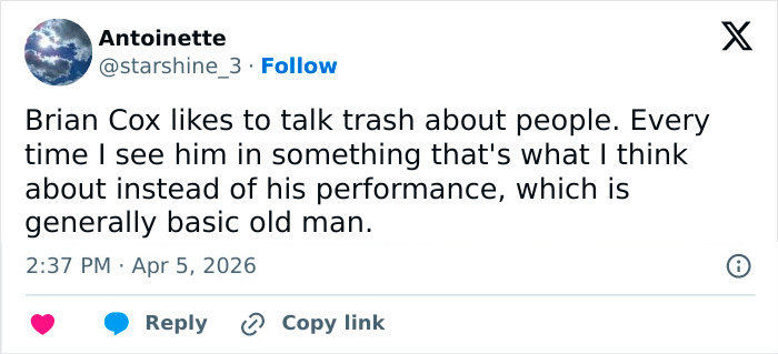 Screenshot of a tweet criticizing Brian C*x amid backlash for harsh comments about Margot Robbie and Daniel Day-Lewis.