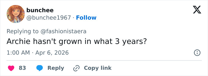 Tweet from user bunchee commenting on Archie, sparking backlash over sad detail in Meghan Markle's Easter clip of Archie and Lilibet.