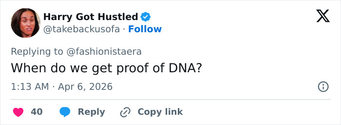Screenshot of a Twitter reply questioning proof of DNA in response to Meghan Markle's Easter clip backlash.