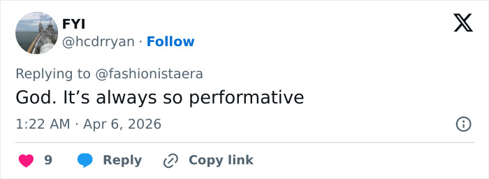 Tweet screenshot showing user FYI replying to @fashionistaera saying God. It’s always so performative, related to Meghan Markle's Easter clip backlash.
