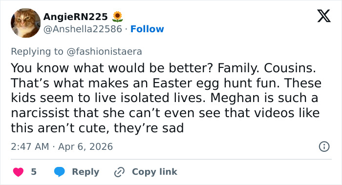 Screenshot of a Twitter user criticizing Meghan Markle’s Easter clip of Archie and Lilibet for appearing sad and isolated.