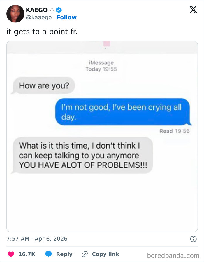 Text message showing a friend responding unsympathetically, revealing true colors of a toxic friendship online.