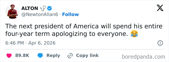 Screenshot of a dystopian social media post predicting the next US president’s apologetic four-year term in America.