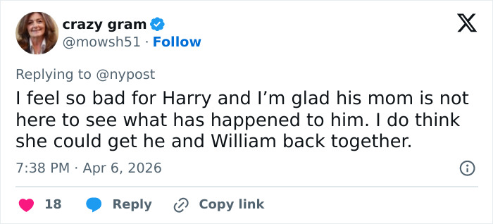 Tweet expressing sympathy for Harry, commenting on family dynamics involving Harry, Meghan Markle, and William.