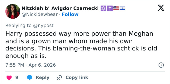 Tweet discussing Harry and Meghan Markle’s turbulent dynamic with focus on power and decision-making in their relationship.