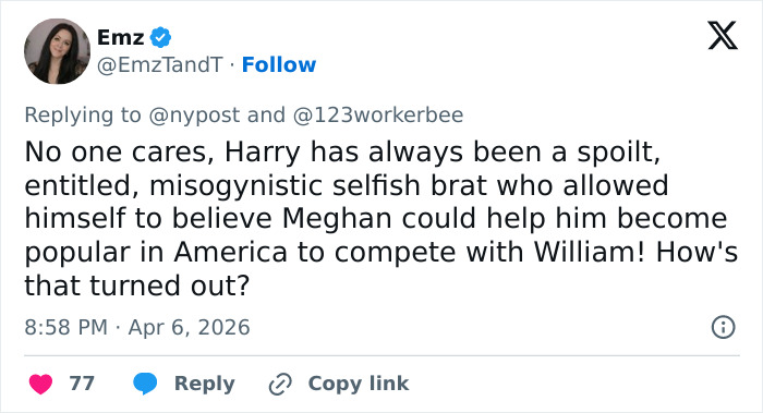 Twitter post discussing Harry and Meghan Markle’s turbulent dynamic and public perception of their relationship.