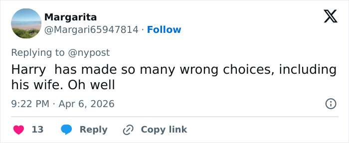 Tweet criticizing Harry and Meghan Markle, highlighting their turbulent dynamic and controversial choices.