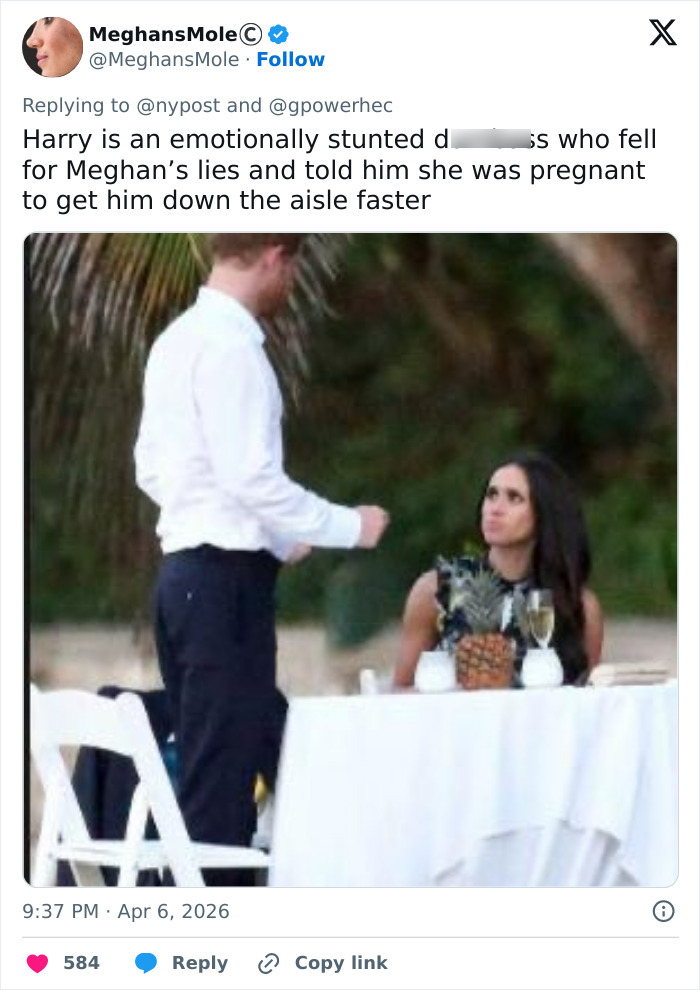 Prince Harry standing and Meghan Markle seated at an outdoor table, illustrating their turbulent dynamic.