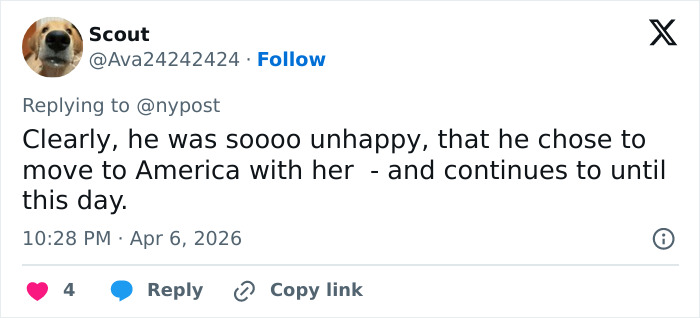 Tweet screenshot showing a user commenting on Harry and Meghan Markle’s turbulent dynamic and his move to America.