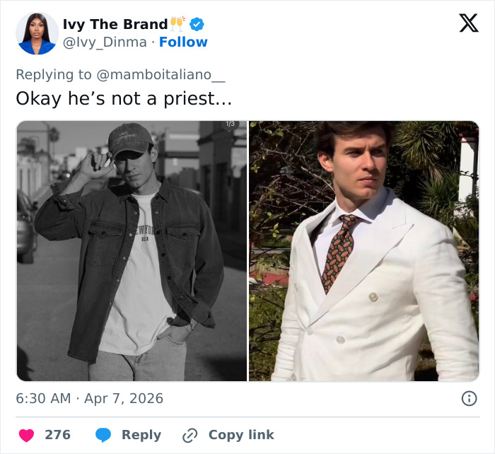 Homem em trajes casuais e formais, ligado à gostosa na procissão de Páscoa espanhola que é tendência na internet.