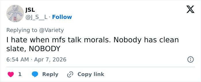 Tweet do usuário JSL respondendo à Variety sobre as consequências de Kanye West e Wireless Festival, discutindo moralidade e opinião pública.