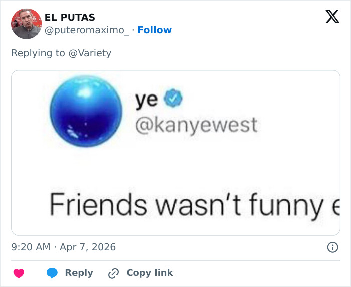 Captura de tela da resposta verificada de Kanye West no Twitter sobre Friends, relacionada à controvérsia do Wireless Festival.