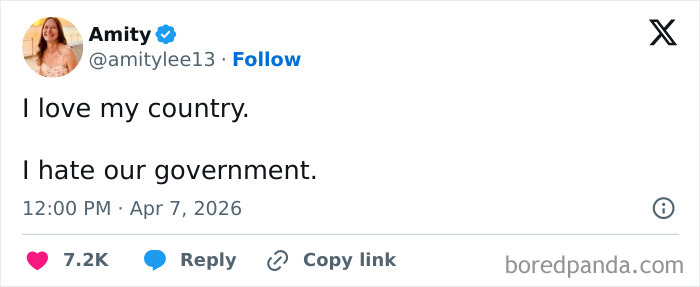 Tweet from Amity expressing patriotism and distrust in government, illustrating a dystopian sentiment in the United States.