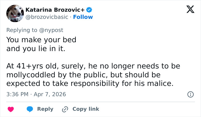 Tweet discussing personal responsibility related to Harry and Meghan Markle’s turbulent dynamic in the public eye.