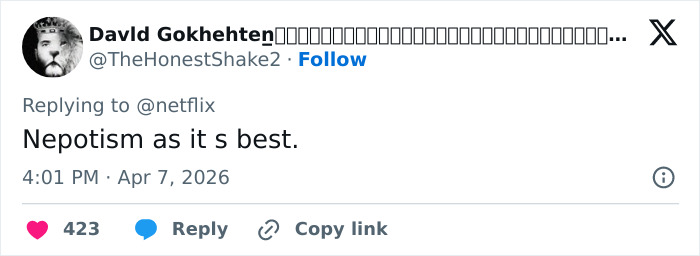 Tweet criticizing nepotism in Netflix's new comedy, sparking backlash from viewers after cast reveal.