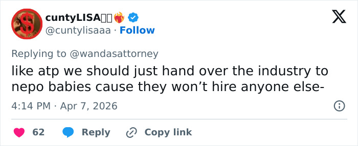 Screenshot of a Twitter reply criticizing nepotism in the entertainment industry mentioning nepo babies not hiring others.