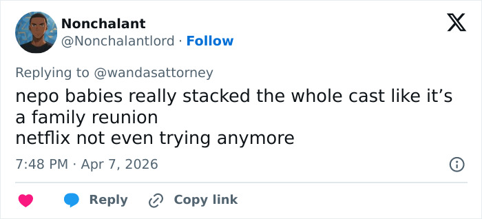 Twitter post criticizing Netflix’s new comedy for nepotism, calling the cast like a family reunion.