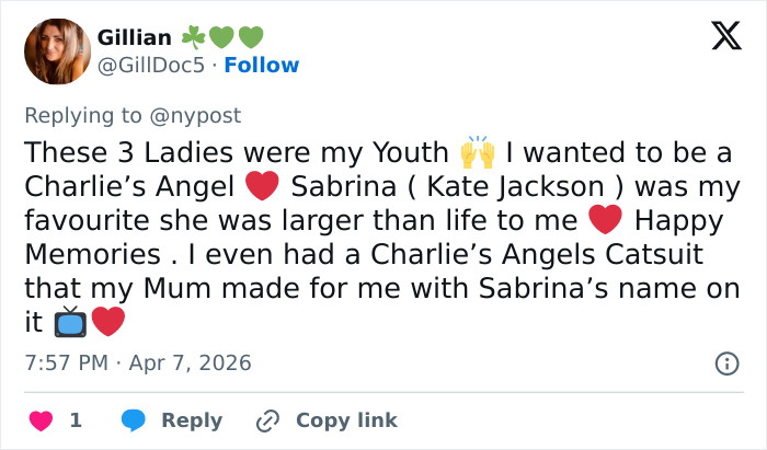 Tweet praising original Charlieās Angels actress Sabrina with a nostalgic mention of rumored plastic surgery secrets. Tweet praising original Charlieās Angels actress Sabrina with a nostalgic mention of rumored plastic surgery secrets.
