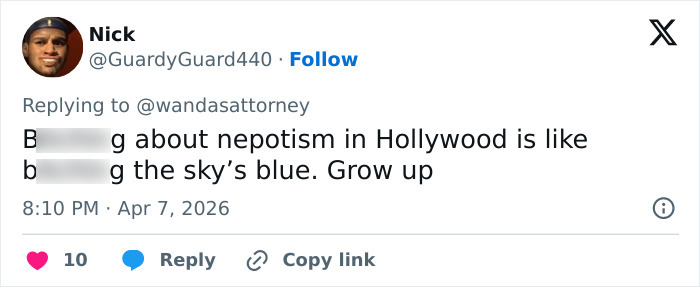 Tweet from user Nick discussing nepotism in Hollywood and expressing frustration about it, highlighting the theme of nepotism backlash on Netflix.