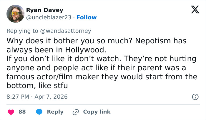 Twitter user responds to criticism about nepotism in Hollywood amid Netflix comedy backlash.