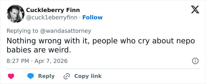 Screenshot of a Twitter reply criticizing complaints about nepotism in Netflix’s new comedy show cast.