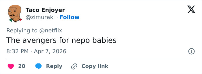 Tweet with a comment about nepotism in Netflix's new comedy, sparking viewer backlash over casting choices.