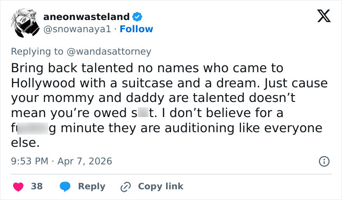 Tweet expressing frustration about nepotism in Hollywood, criticizing privileged actors cast in Netflix's new comedy.