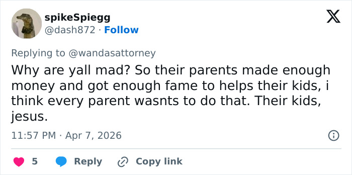 Tweet complaining about backlash over nepotism in Netflix's new comedy, discussing parents helping their kids succeed.