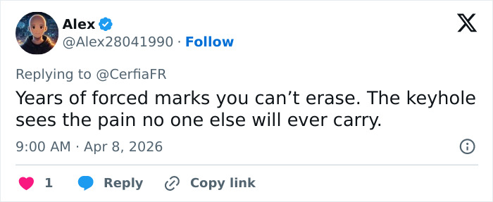 Man named Alex responds to a tweet about forced tattoos and the pain that no one else can carry. Man named Alex responds to a tweet about forced tattoos and the pain that no one else can carry.