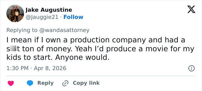 Twitter user responding about nepotism in production companies related to Netflix's new comedy backlash.