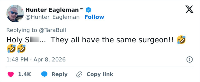 Tweet about rumored plastic surgery secrets of original Charlieās Angels, with laughing emojis and a comment about a shared surgeon. Tweet about rumored plastic surgery secrets of original Charlieās Angels, with laughing emojis and a comment about a shared surgeon.