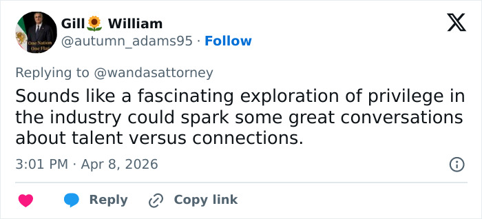 Tweet discussing the Netflix comedy sparking backlash over nepotism and industry privilege in entertainment.