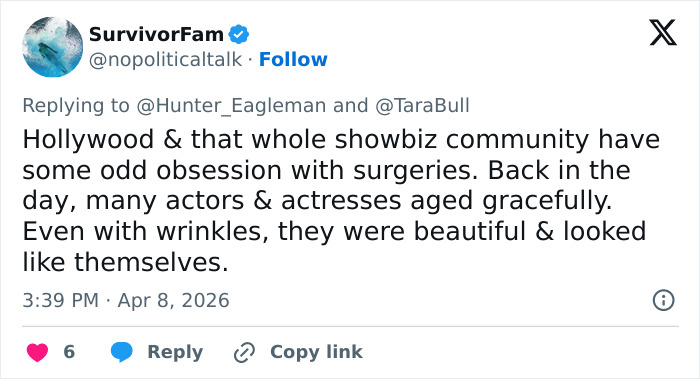Tweet discussing Hollywoodās obsession with plastic surgery and aging gracefully of original Charlieās Angels stars. Tweet discussing Hollywoodās obsession with plastic surgery and aging gracefully of original Charlieās Angels stars.