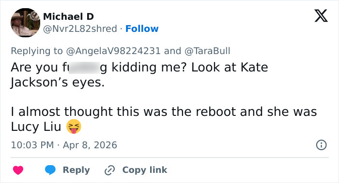 Twitter user reacting to rumored plastic surgery secrets of original Charlieās Angels, discussing changes in appearance. Twitter user reacting to rumored plastic surgery secrets of original Charlieās Angels, discussing changes in appearance.