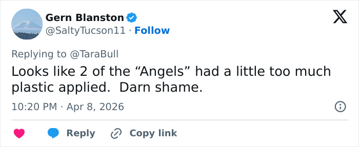 Social media reply discussing rumored plastic surgery secrets of original Charlies Angels after fans called them unrecognizable. Social media reply discussing rumored plastic surgery secrets of original Charlies Angels after fans called them unrecognizable.