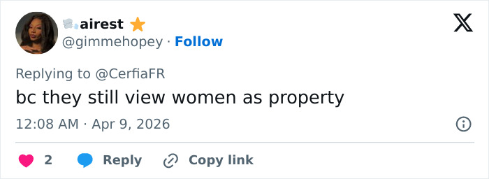 Screenshot of a tweet stating women are still viewed as property, related to tattoo removal transformation story. Screenshot of a tweet stating women are still viewed as property, related to tattoo removal transformation story.