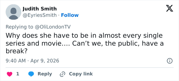 Tweet from Judith Smith expressing frustration about an actress appearing in too many series and movies, asking for a break.