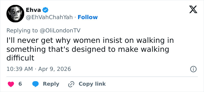 Tweet criticizing difficult-to-walk-in women's fashion, sparking wild reactions in discussions about style and comfort.