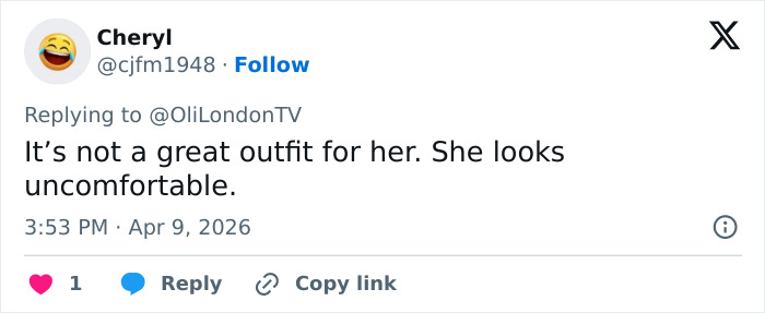 Tweet text criticizing outfit, mentioning discomfort, from user Cheryl in response to OliLondonTV on social media.
