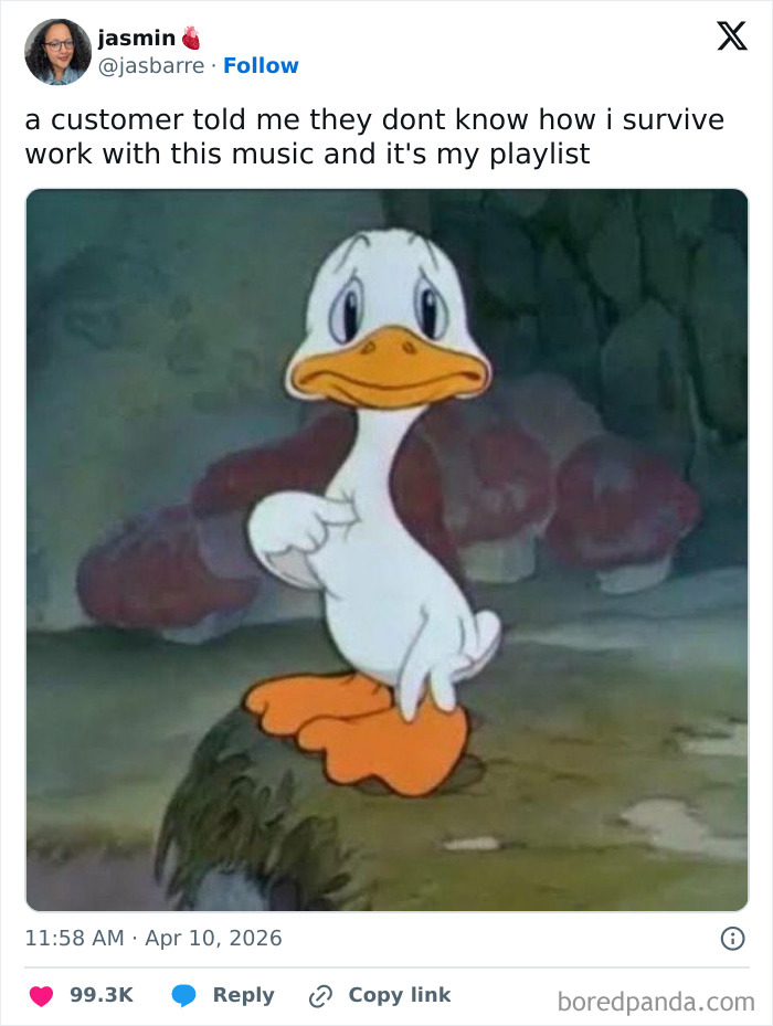 A tweet by jasmin showing a sad cartoon duck meme about a music playlist, perfect for warm spring weather humor.