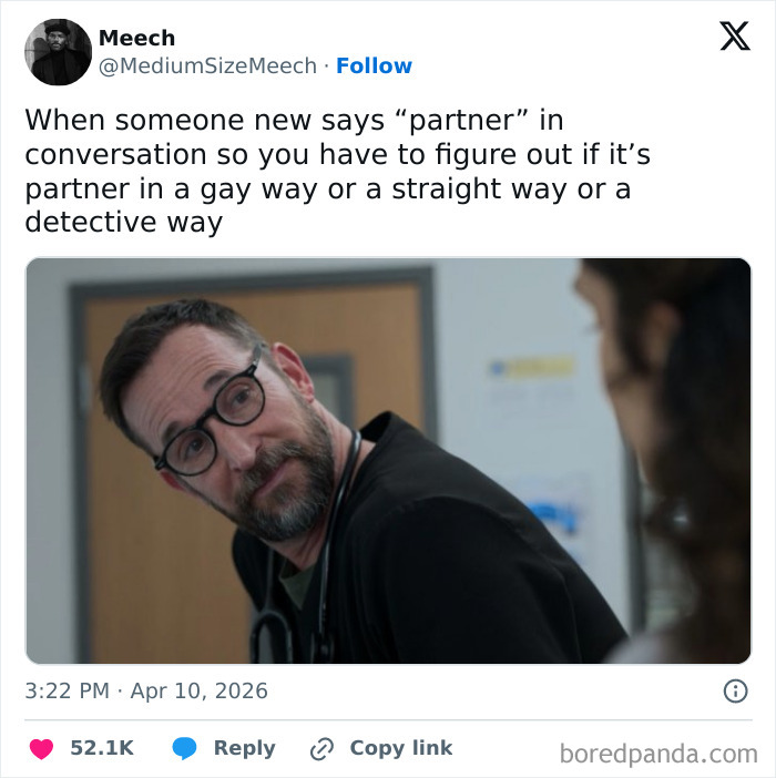 A man with glasses and a beard, looking quizzically, representing hilarious tweets about interpreting the word "partner."