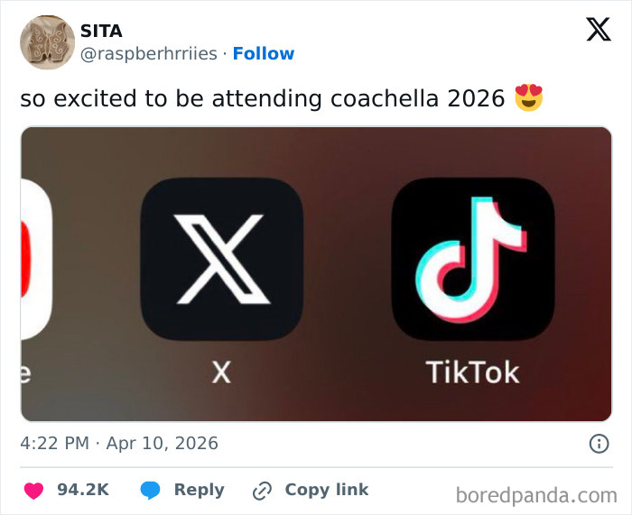 A tweet about attending Coachella 2026, featuring app icons for X and TikTok, inspiring hilarious tweets.