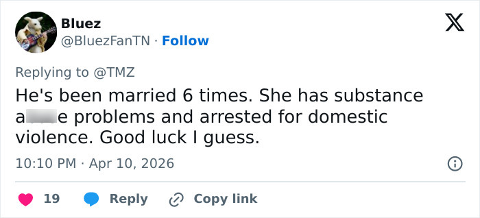 Tweet from user Bluez discussing past marriages and substance a***e, sparking fan frenzy about romance of two 80s icons now in their 60s. Tweet from user Bluez discussing past marriages and substance a***e, sparking fan frenzy about romance of two 80s icons now in their 60s.