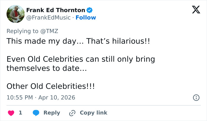 Screenshot of a tweet reacting to two 80s icons now in their 60s sparking fan frenzy by confirming romance. Screenshot of a tweet reacting to two 80s icons now in their 60s sparking fan frenzy by confirming romance.