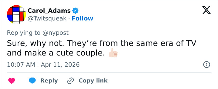 Social media comment reacting to two 80s icons now in their 60s sparking fan frenzy by confirming romance. Social media comment reacting to two 80s icons now in their 60s sparking fan frenzy by confirming romance.